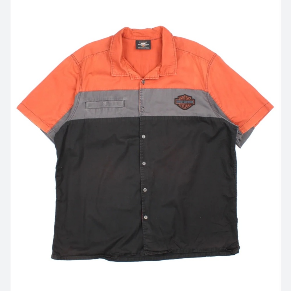 Harley-Davidson Men's Orange, Gray, and Black Button Down Shirt